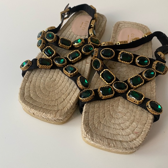 Gucci Grosgrain Espadrille Sandal with Green Crystal - Picture 1 of 5